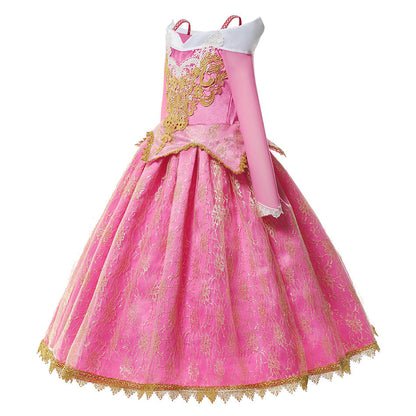 close-up of gold lace appliqué and embroidery on pink princess costume