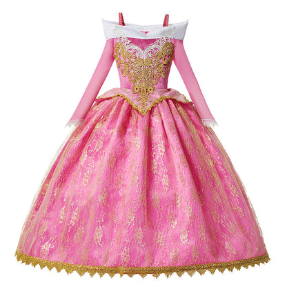 front view of rose pink princess costume with gold appliqué