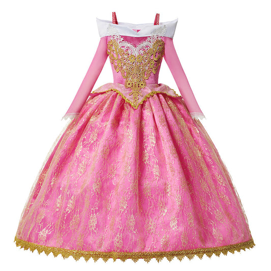 front view of rose pink princess costume with gold appliqué