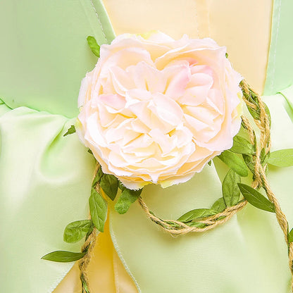 Princess costume floral bodice detail with flower decoration green and yellow flower garden princess dress