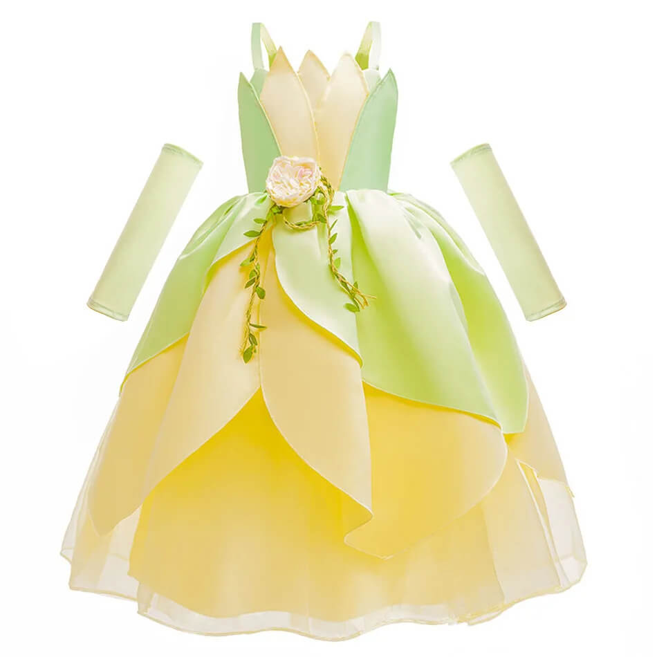 Flower garden princess costume set front view layered green and yellow princess dress with floral design