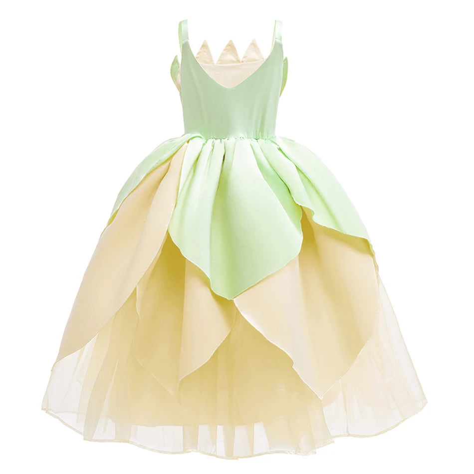 Flower garden princess costume set back view layered green and yellow princess dress with floral design