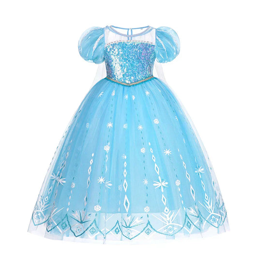 front view of blue princess costume with sequined bodice