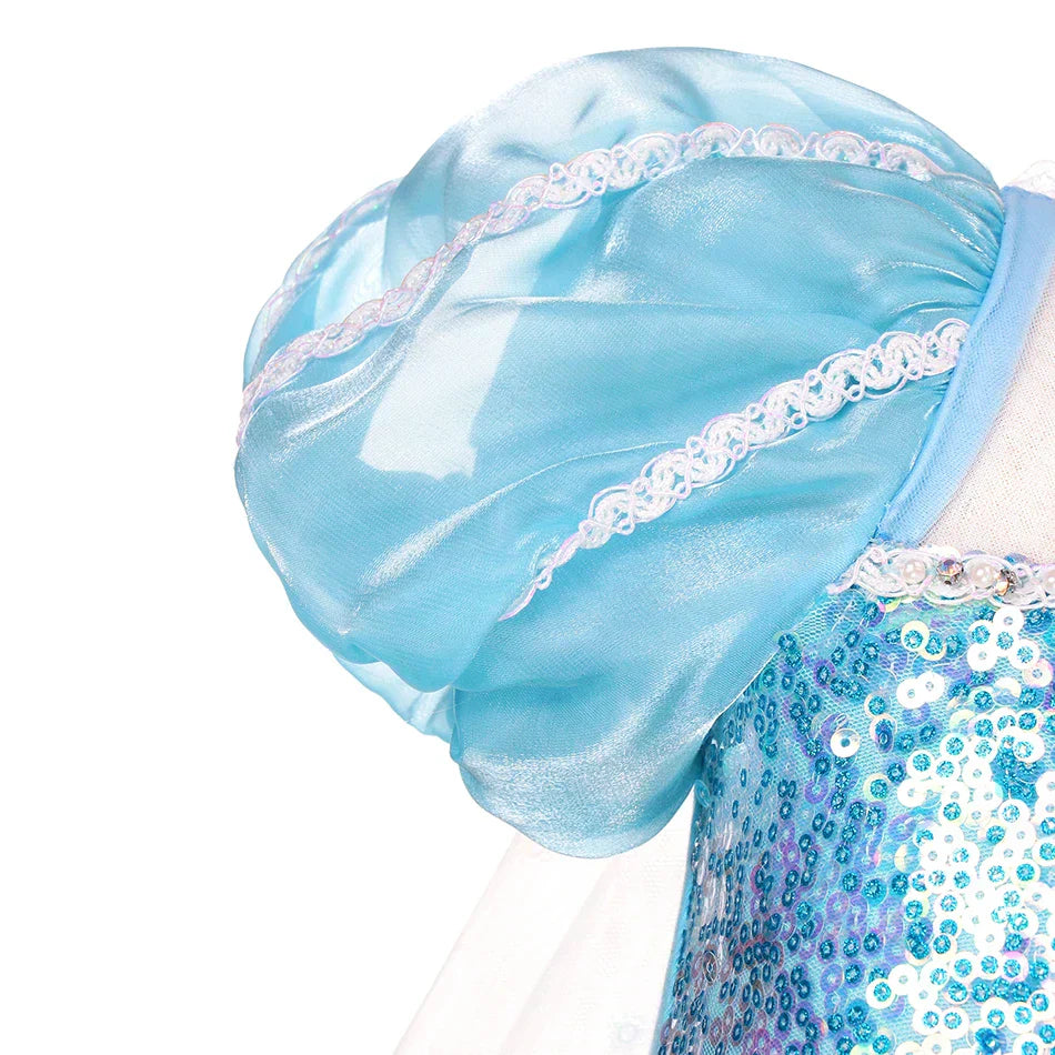 close-up of short sleeves with mesh and sequin accents