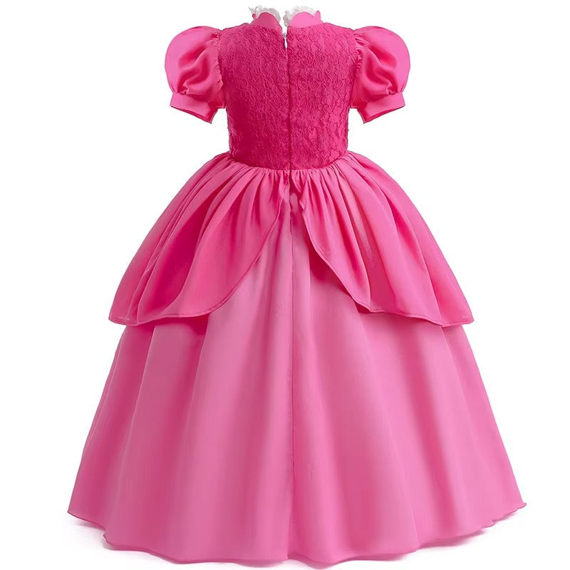 royal pink princess ball gown back view with layered skirt