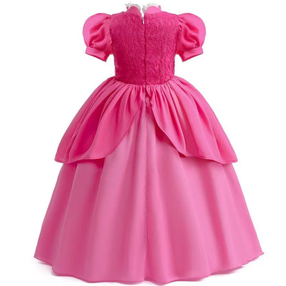 royal pink princess ball gown back view with layered skirt