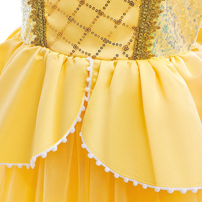 detailed view of yellow tulle layers and bodice embellishments