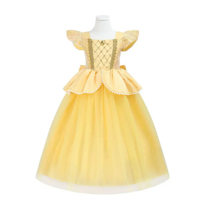 front view of gold princess costume with sequined bodice
