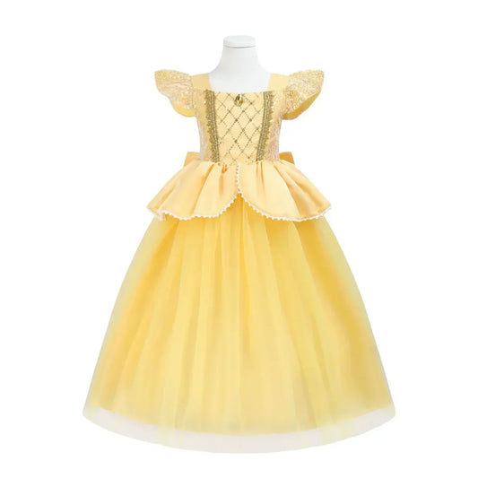front view of gold princess costume with sequined bodice