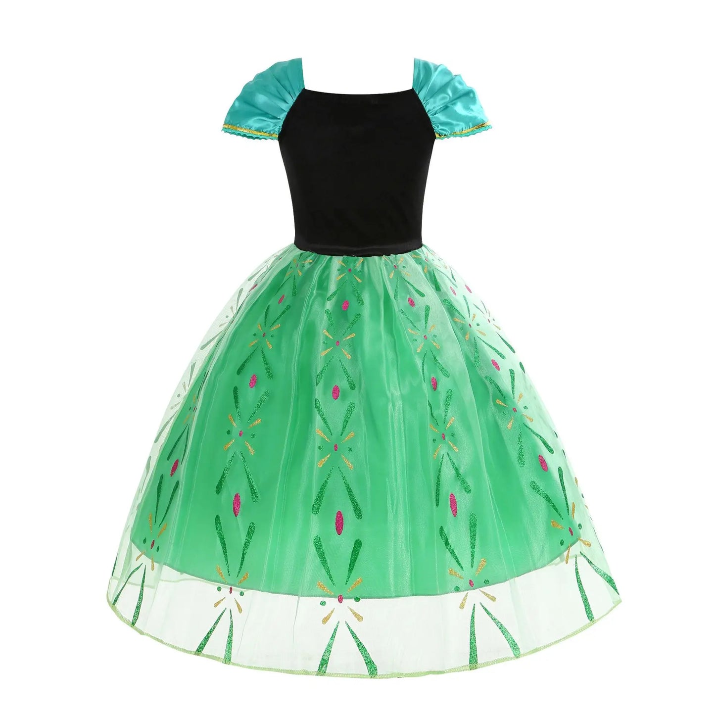 back view of emerald princess gown with layered tulle skirt
